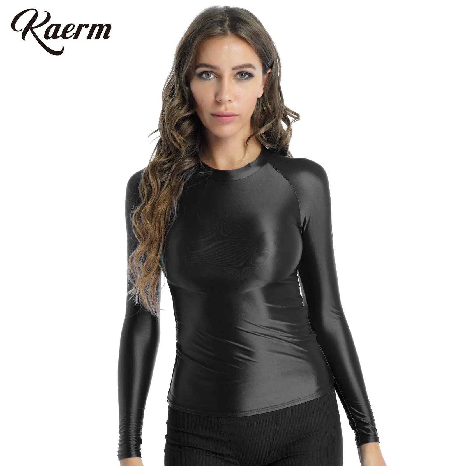 

Women Shiny Long Sleeve Slim Fit Tank Sports Gym Workout Training Tops Jogger Sweatshirts Pole Dance Disco Club Costume