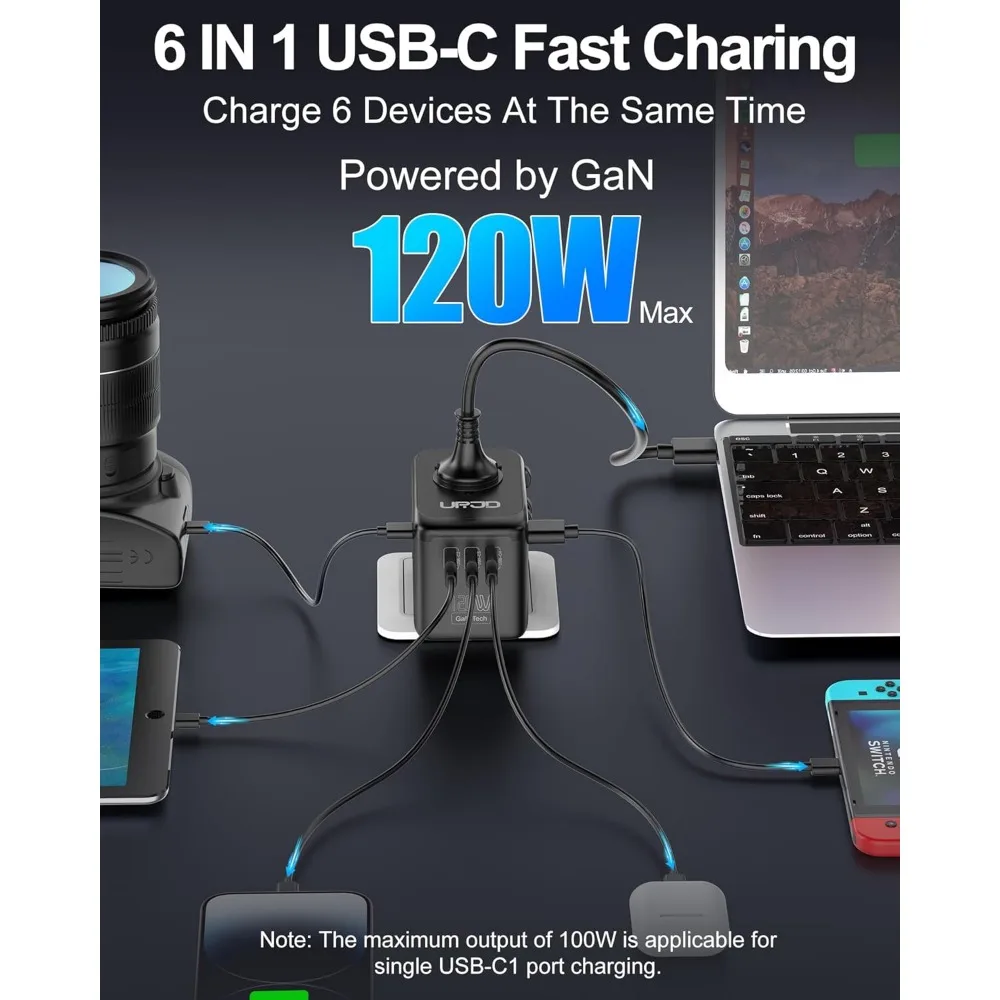 Global Power Adapter, 120W GaN Technology, 5 USB Ports and 1 AC Outlet, Comprehensive Travel Charger