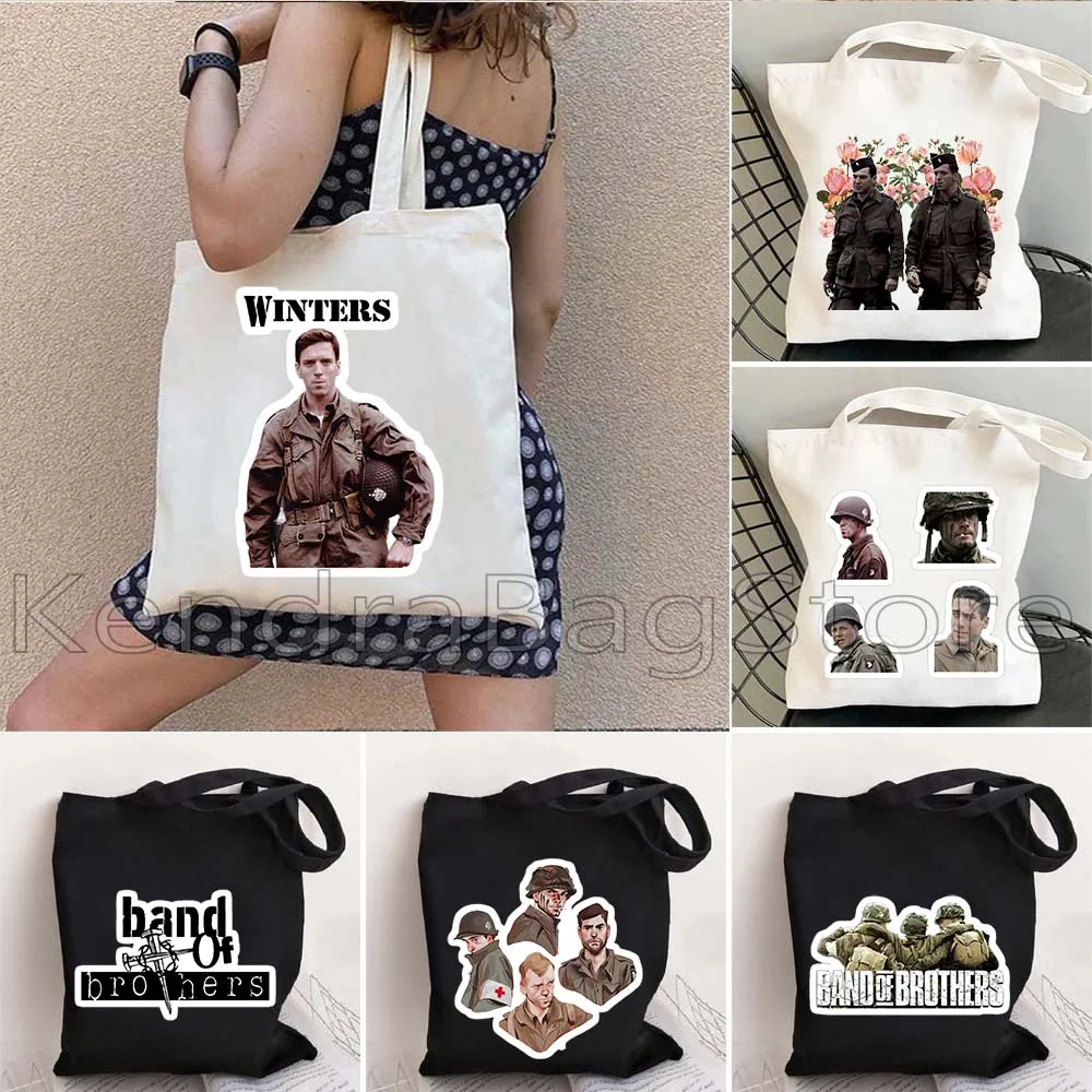 Retro Movie Band of Brothers Don Malarkey Skip Muck Richard Winters Canvas Shoulder Tote Bag Shopping Bag Shopper Casual Handbag