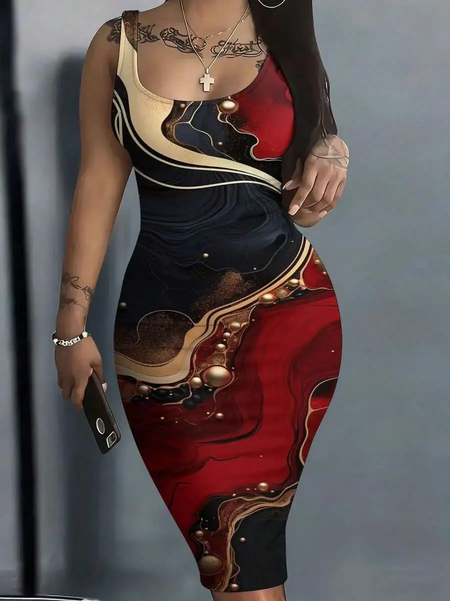 

Womens Bodycon Dress With Abstract Marbled Print, Sleeveless Knitted Fit Dress For Casual Wear