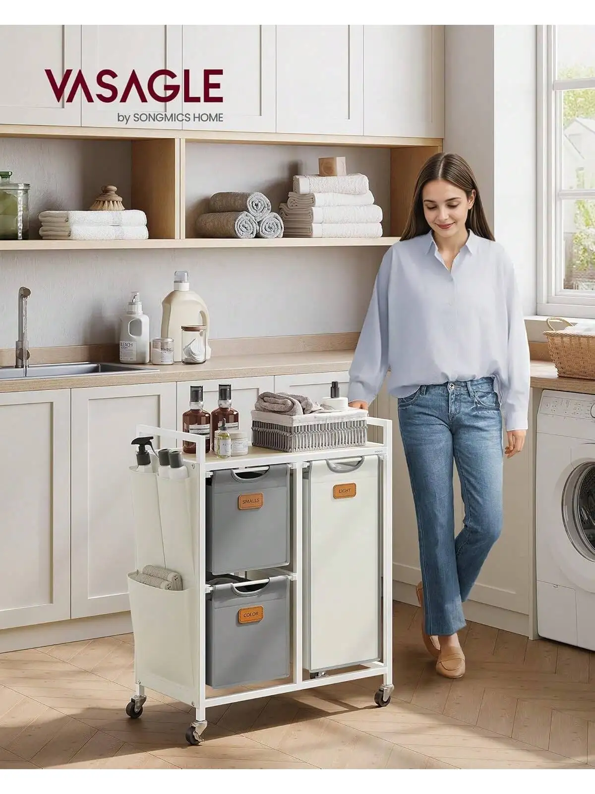 Cestino portabiancheria VASAGLE con 3 scomparti, capacità 100L, carrello con ripiano, borse, tasche