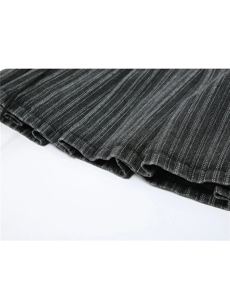 HOUZHOU Y2k Pleated Skirt Women Sexy High Waist Grey Stripe Bandage A Line Mini Skirts 2024 Summer Vintage Harajuku Streetwar