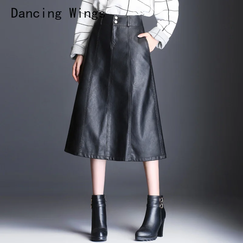 

Autumn Winter Black A-Line PU Leather Skirt For Women High Waist 4XL Keen Length Skirts