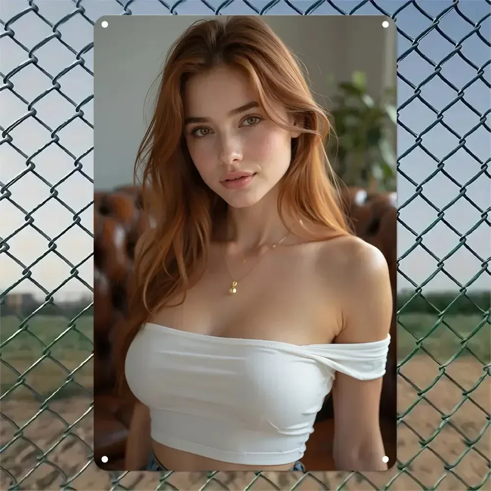 High-Definition Metal Tin Sign Redhead Girl in White Off-Shoulder Crop Top Vintage Wall Art Decor for Home Bar Cafe