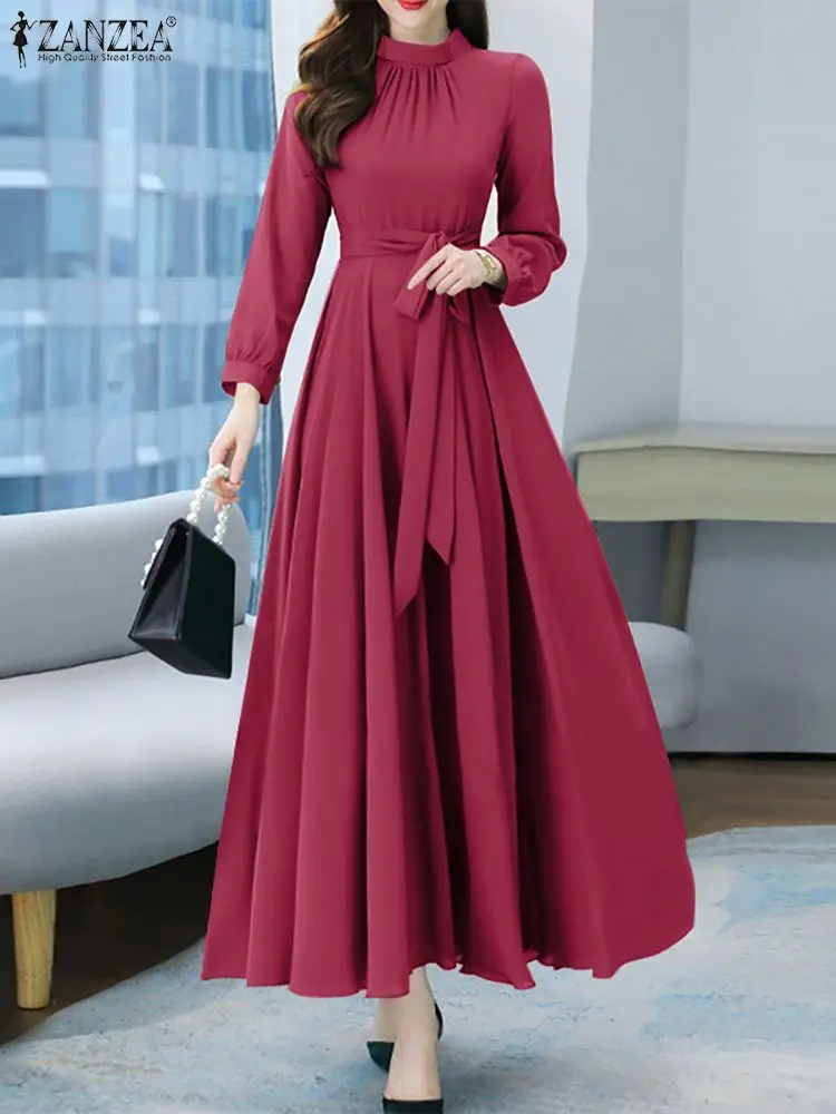 ZANZEA Autumn Women Fashion Party Dress Long Sleeve A-line Long Sundress Solid Holiday Maxi Dresses Vestidos Femme Vintage Robe