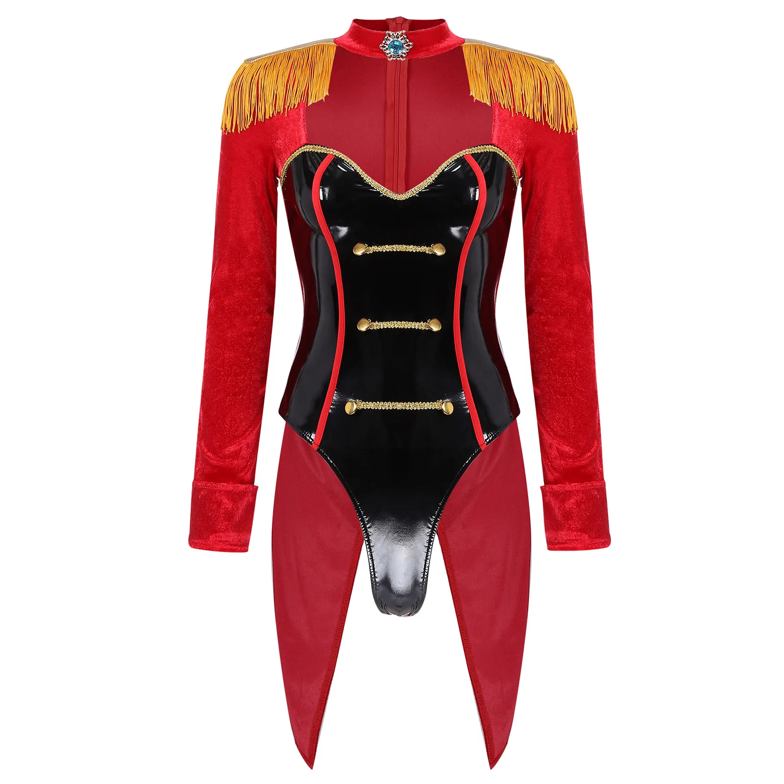 Traje de Cosplay de circo para mujer, traje de juego de rol con borla, tablero de hombro, mono de manga larga, Catsuit de cola de golondrina