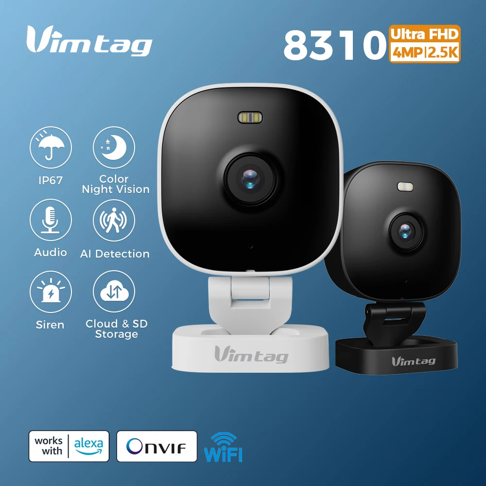 VIMTAG Mini Camera WIFI 4MP 2-Way Audio Color Night Vision 8X Zoom Auto Alarm Waterproof Outdoor Security Camera IP Surveillance