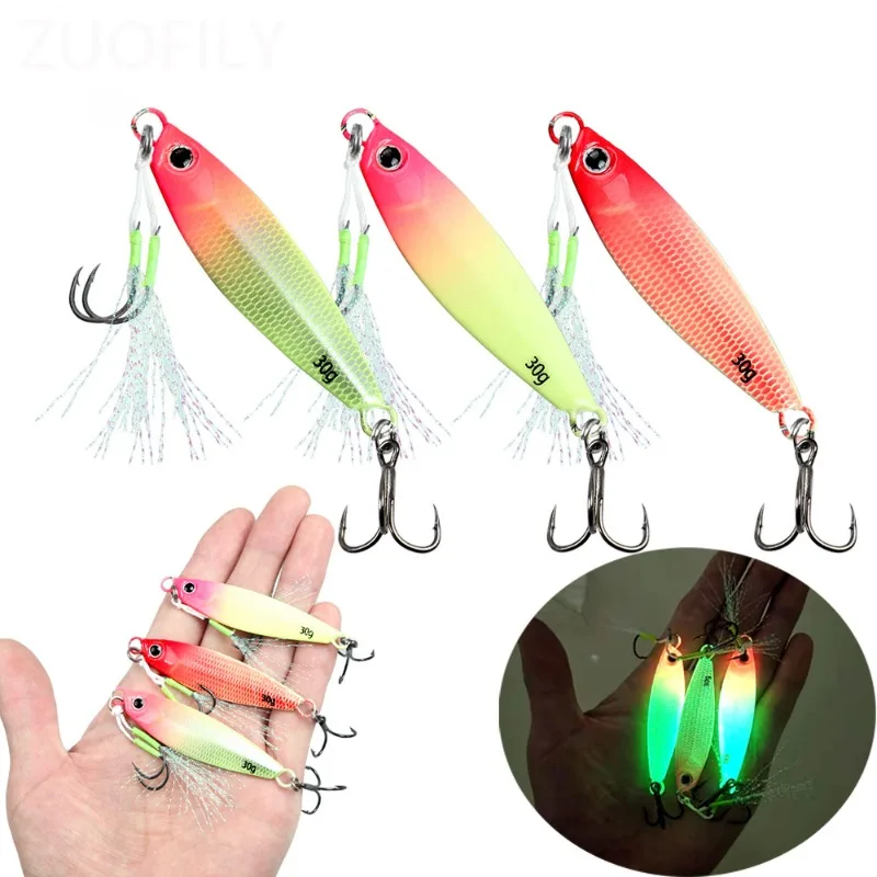 2025 New Far Throw Luminous Iron Plate Lures Double Hook JIG 7g-30g Sea Fishing Spanish Mackerel Shore Casting Glow Metal Baits