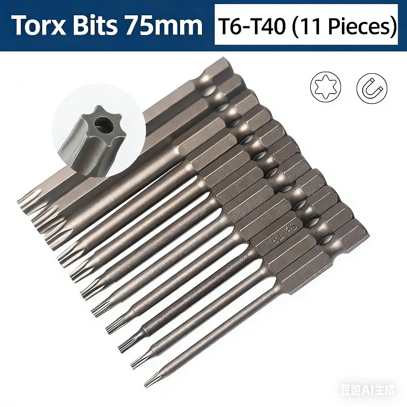 

Torx Hollow Shank Screwdriver Bit Set, 50mm/75mm/100mm Hex Shank Magnetic Tips for Power Drill Driver