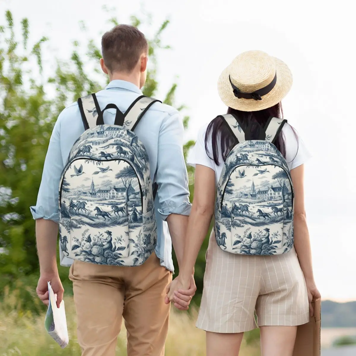 Toile De Jouy Pattern French Cottage Aesthetic Student Backpack School Bag Hiking Daypack for Boys Girls Bookbag Shoulder Bags