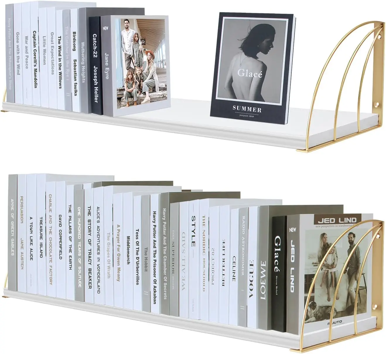 

Set of 2 White and Gold Floating Shelves, 31.5x7.87 Inch Wall Mounted Bookshelf, Pine Wood