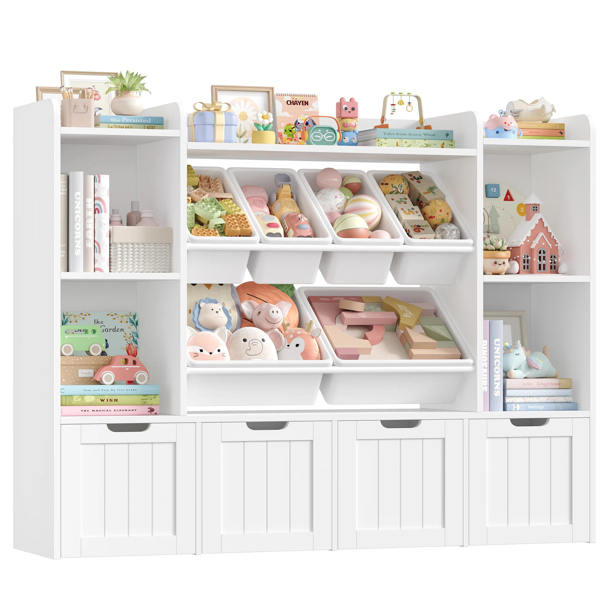 Getone Kinder-Bücherregal, Kinderspielzeug-Aufbewahrungseinheit, 7 Fächer für Kinder, 6 herausnehmbare Spielzeugboxen, 4 Schubladen mit Rollen, 140 x 30 x 106 cm