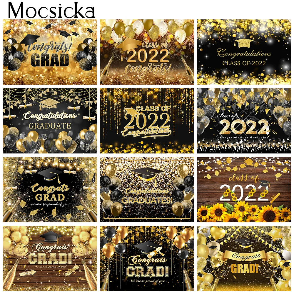 

Congratulations Graduations Backdrop for Party Decorations Glitter Gold Balloons Class of 2022 Grade Ceremony Background Props