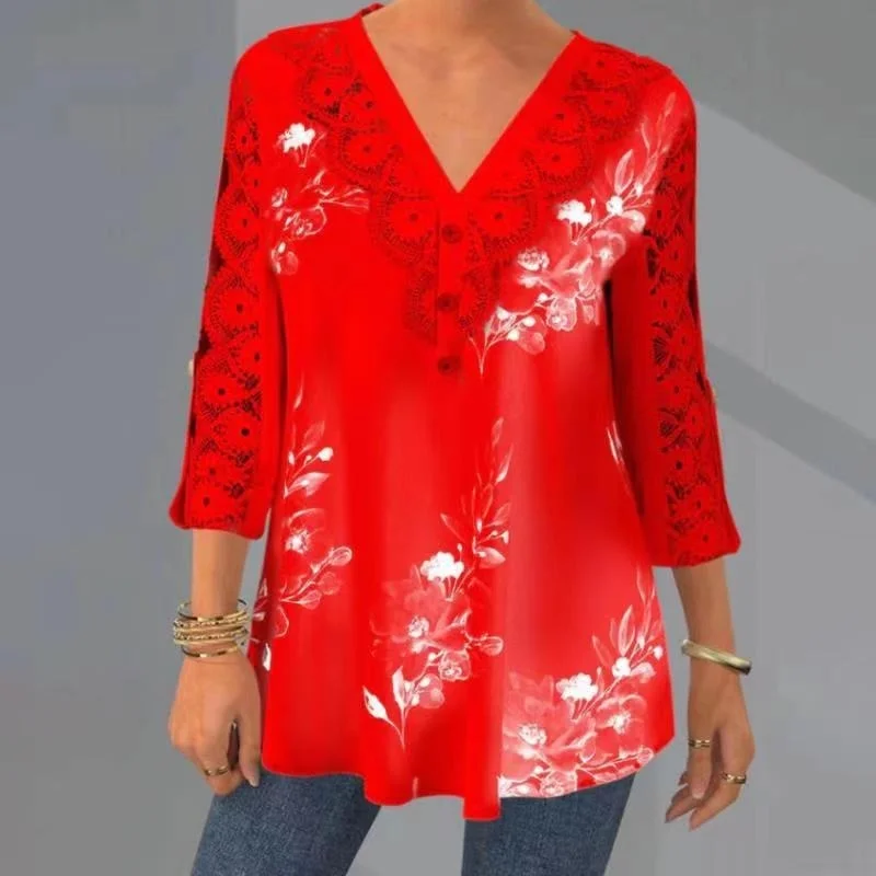 Fashion Summer Print Blouse with Lace Women Tops Casual V-neck Loose Half Sleeve Tops Hollow Out Shirt Clothes Blusas