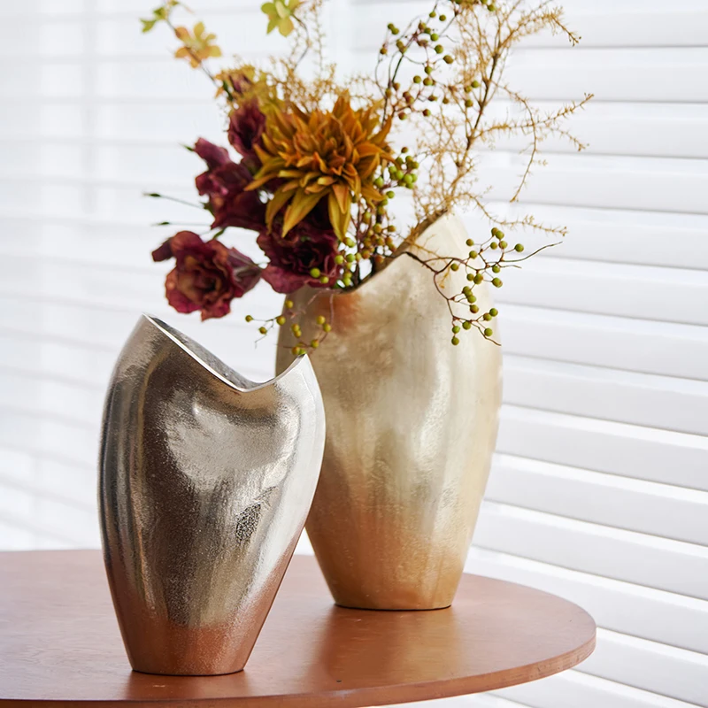 European Light Luxury Gold Silver Aluminum Crafts Beveled Mouth Flower Arrangement Living Room Home Hotel Decoration Accessories