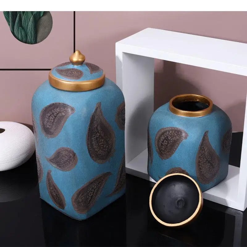 Feather Pattern Decorative Porcelain Storage Jar Ceramic Candy Jars with Lid  Desk Decoration Vases Vintage Home Decor