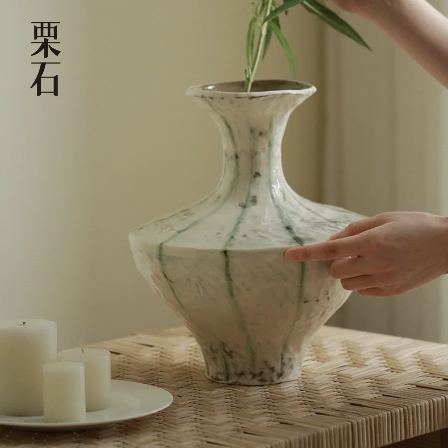 Milk green line handmade ceramic vase new Chinese high-end living room dining table flower arrangement