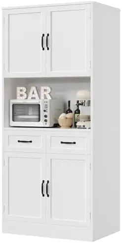 71“ Tall Kitchen Pantry Storage Cabinet, Modern Kitchen Hutch Bar Cabinet with Microwave Stand, Wood Buffet Sideboard