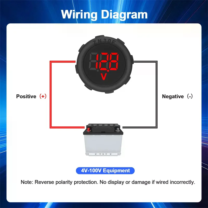 DC 4-100V LED 디지털 디스플레이 원형 2선식 전압계 DC 디지털 전압계 헤드 디스플레이 역방향 연결 보호