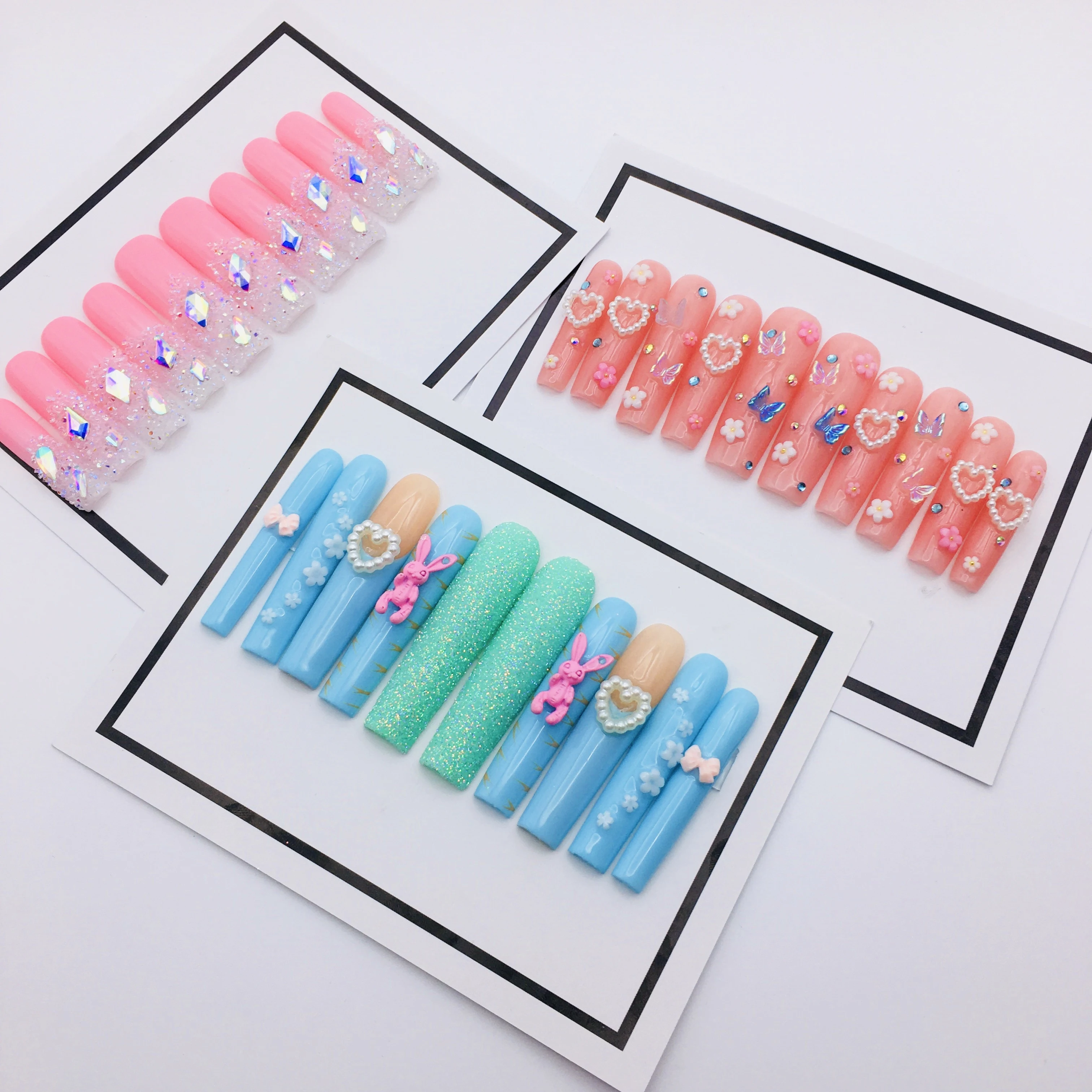 

Fresh Style 10 Pcs Long Coffin Press On Nails With Bling Rhinestones False Nails Reusable Glossy Fake Nails For Women