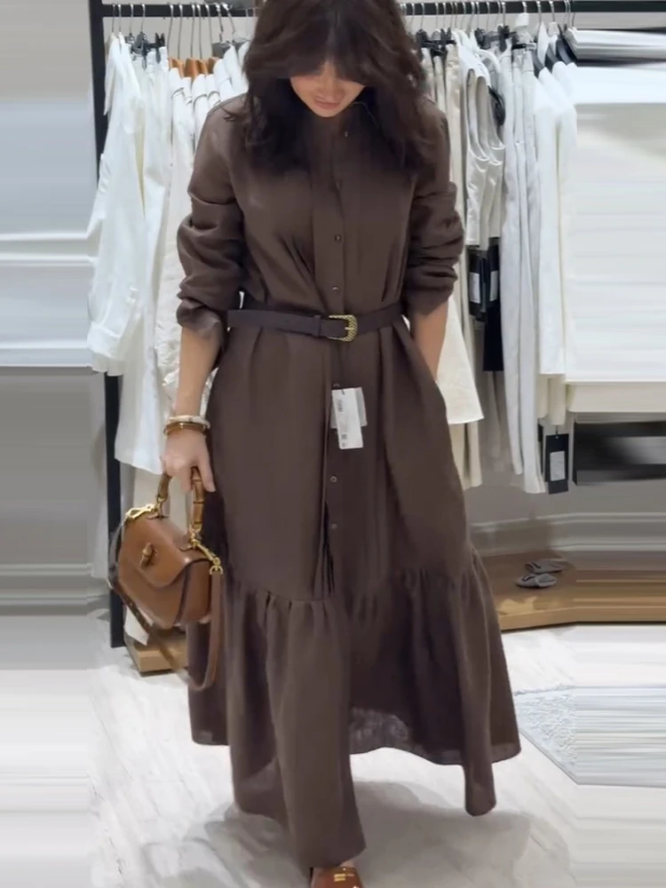 أنيقة التنقل مطوي قميص فستان موضة التلبيب زر جيب الصلبة فستان طويل 2025 عادية كم طويل فستان الحفلات النسائية #5