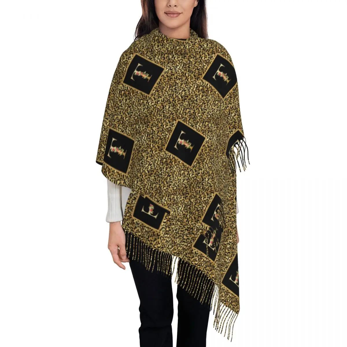 Custom Ladies Large Leopard Pattern Letter Scarves Women Winter Soft Warm Tassel Shawl Wrap Scarf