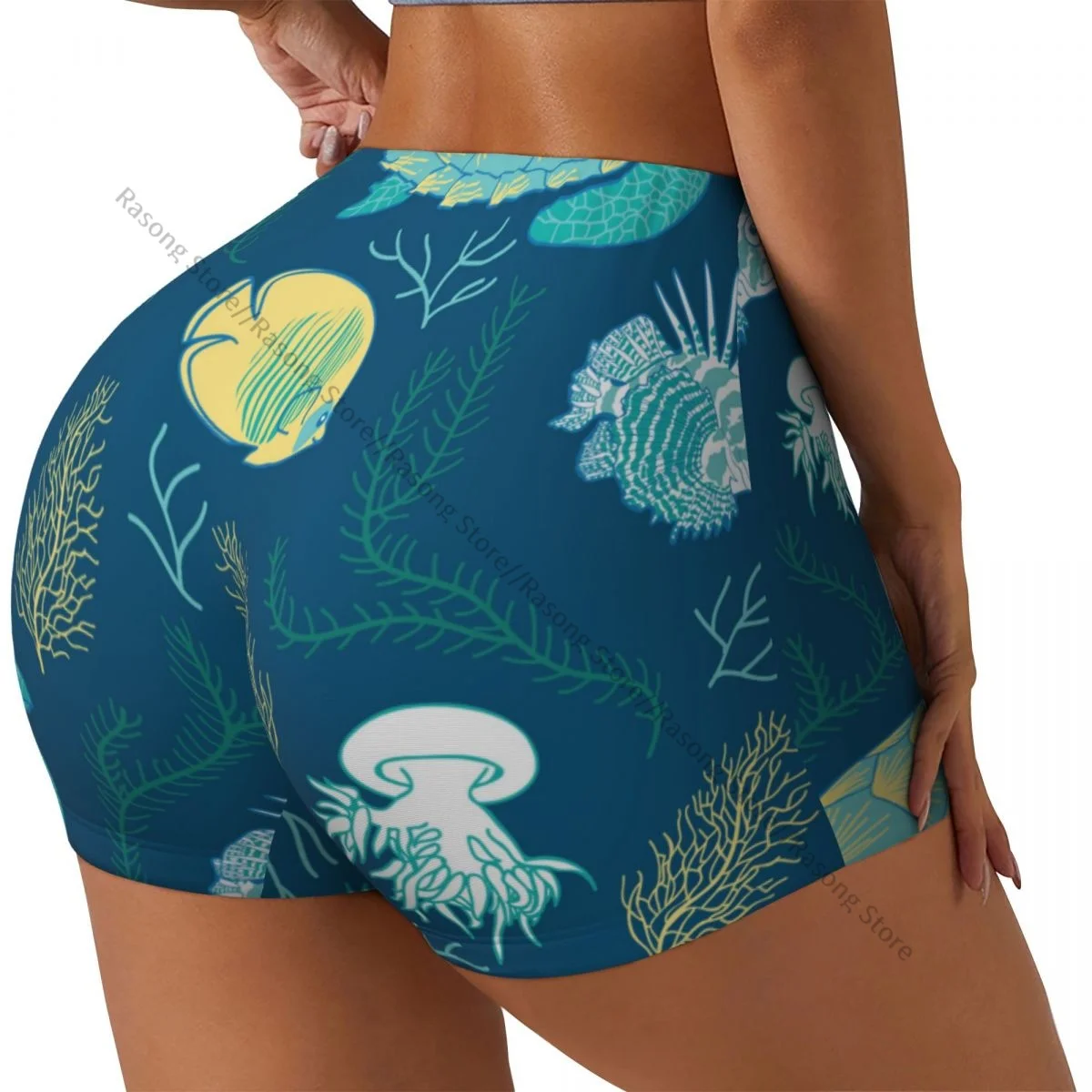 Spandex Yoga Shorts for Women Ocean Animals Fire Fish Turtle Jellyfish And Corals Workout Booty Shorts