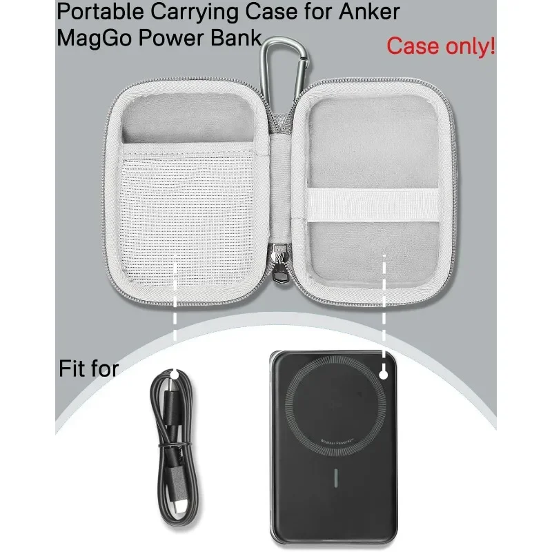 The hard storage case is compatible with a power bank with mesh pockets for cables or accessories.