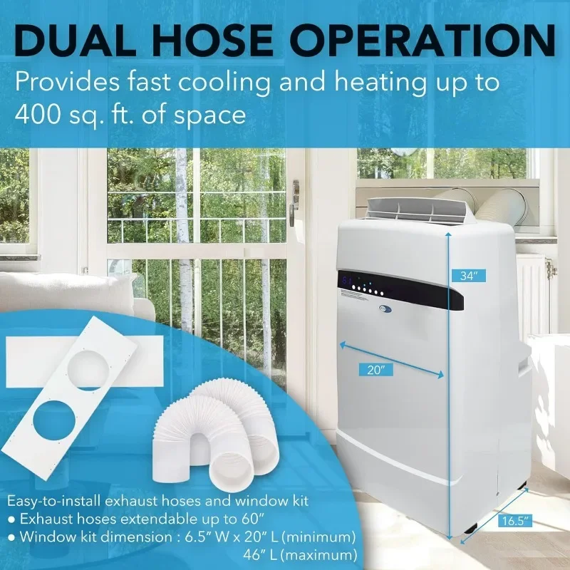 12,000 BTU (6,884 BTU SACC) Dual Hose Cooling Portable Air Conditioner, Heater, Dehumidifier, and Fan with Storage Bag