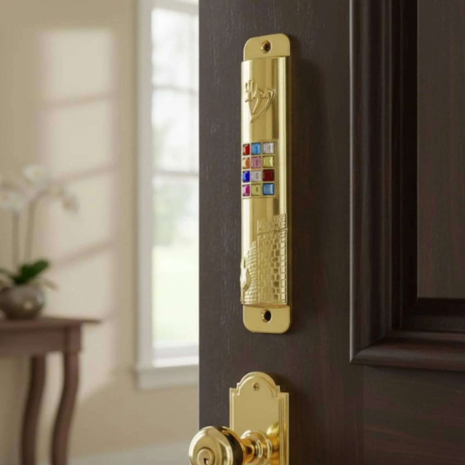 Decorative Mezuzah Door Plaque Hebrew Symbol Metal Mezuzah Plaque Door Frame Decoration Inlaid Stones Religious Decor