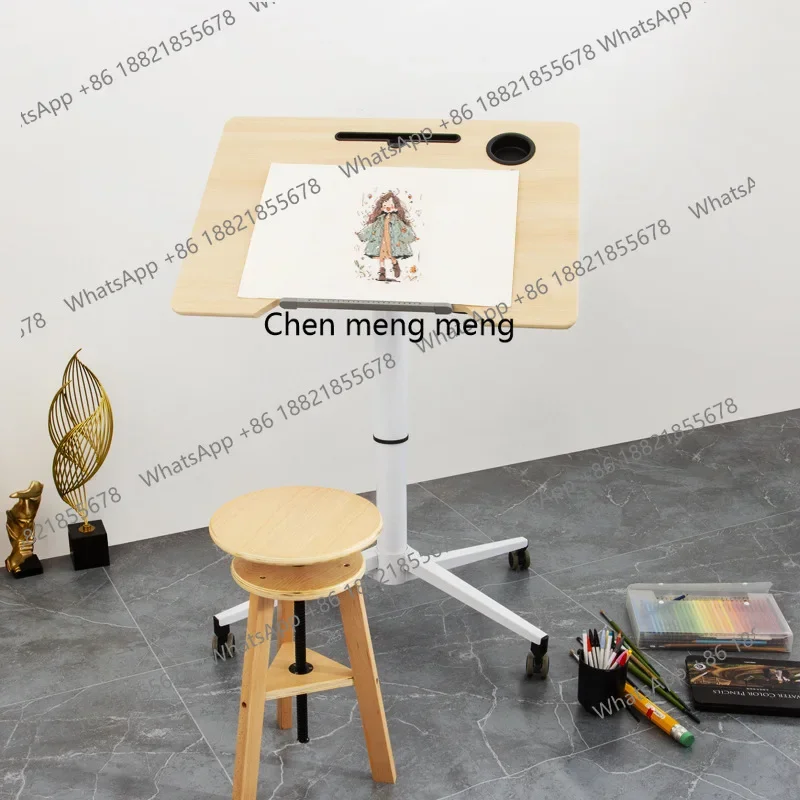 X188 Lifting art drawing table Mobile solid wood painting learning table Home drawing board Engineering drawing table