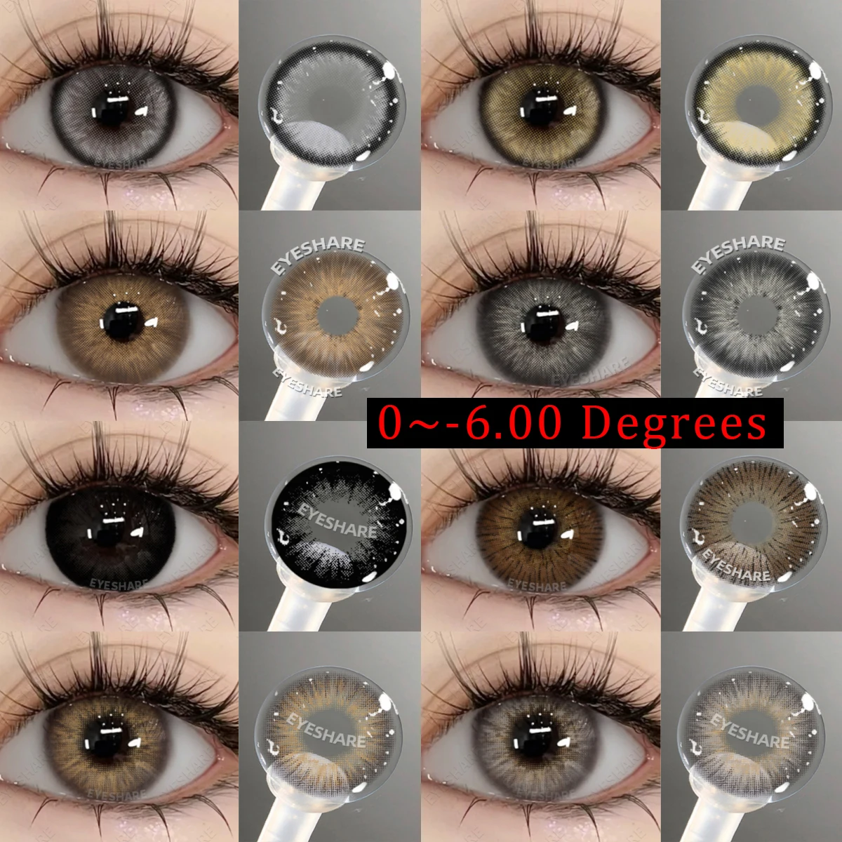 EYESHARE 0~-6,00 Myopie-Farbkontaktlinsen mit Sehstärke, braune Linsen mit Grad, graue Pupillenlinse, modisch, jährlich