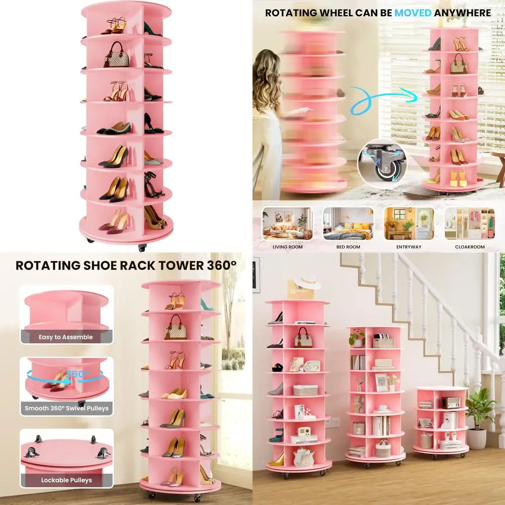 

7-Tier Rotating Shoe Rack Tower with Wheels, 360-Degree Revolving Shoe Storage Carousel, 66.9-Inch Spinning Shoe Tower