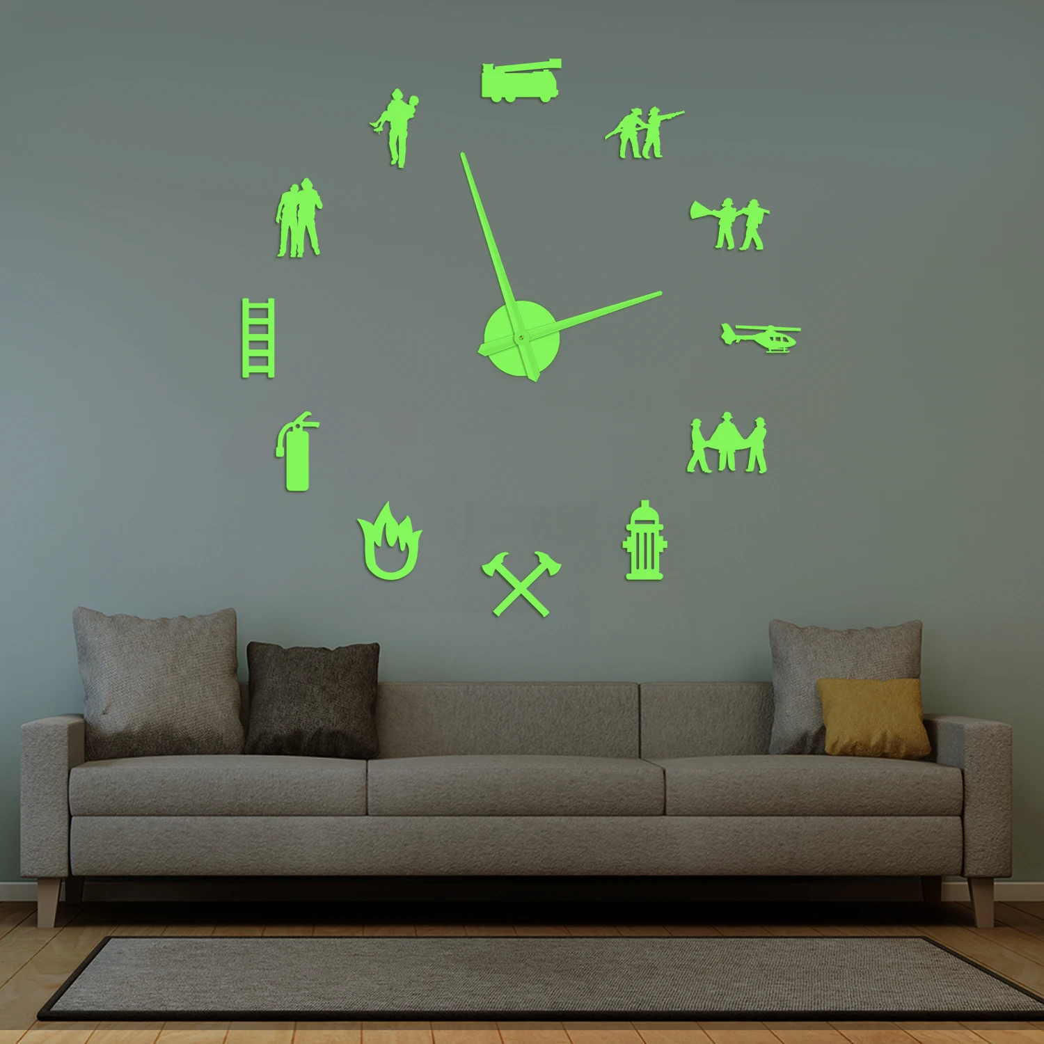 Firefighter Fire Truck DIY Wall Clock Glow in Dark for Fire Department Fire Rescue Decor Firemen Frameless Luminous Wall Clock