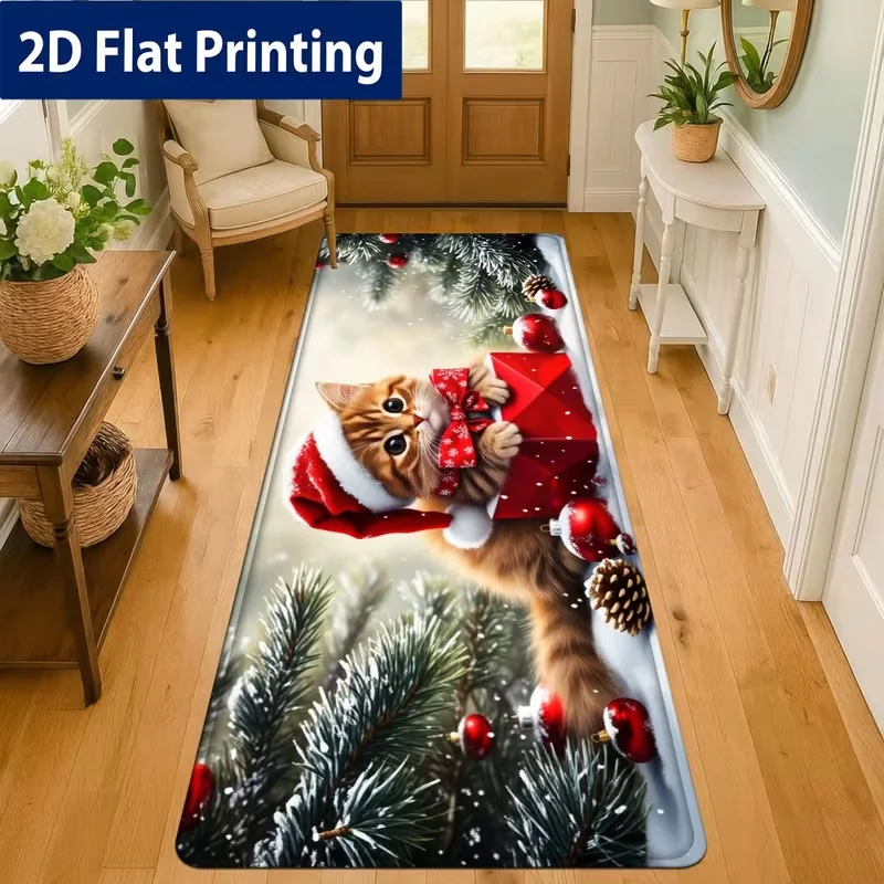 Christmas Ginger Cat Gift Runner Rug Festive Xmas Pine Snow Scene Long Hallway Carpet for Entry Indoor Holiday Home Art Decor
