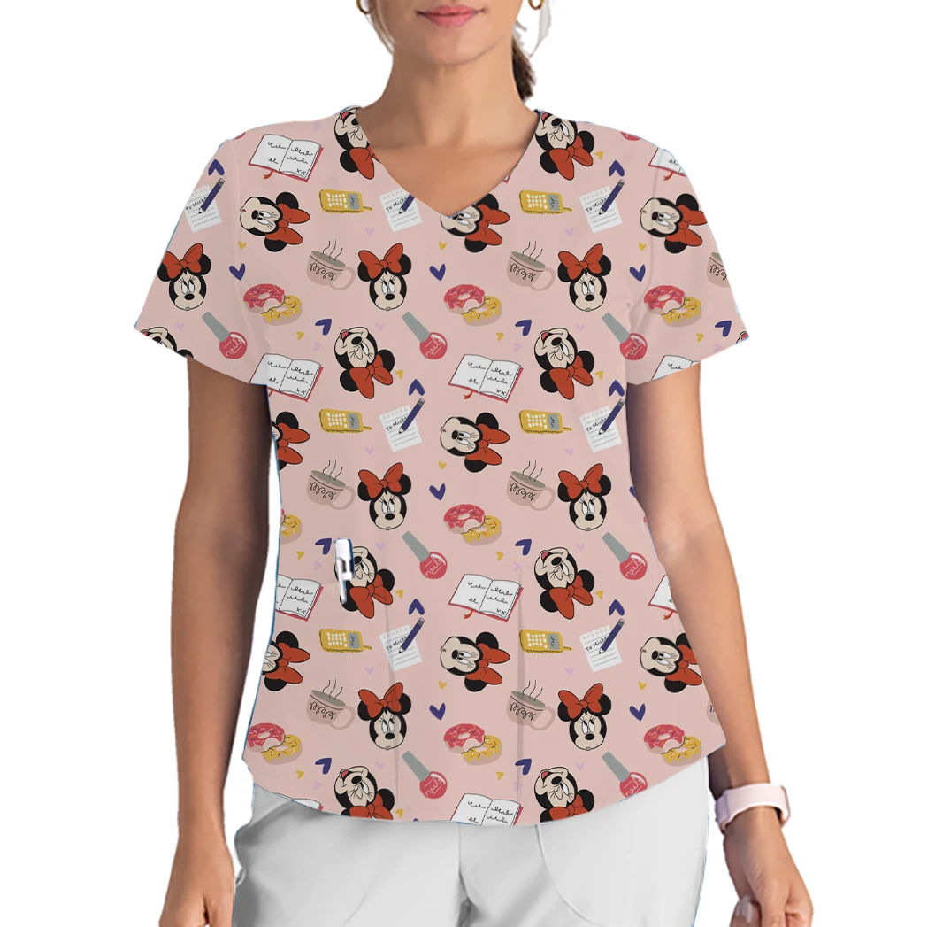 Disney Weihnachten Mickey Minnie Neue V-ausschnitt Print Peeling Top Neue Jahr Geschenk frauen Einfache Atmosphäre Arbeit Uniform Dental T-shirt