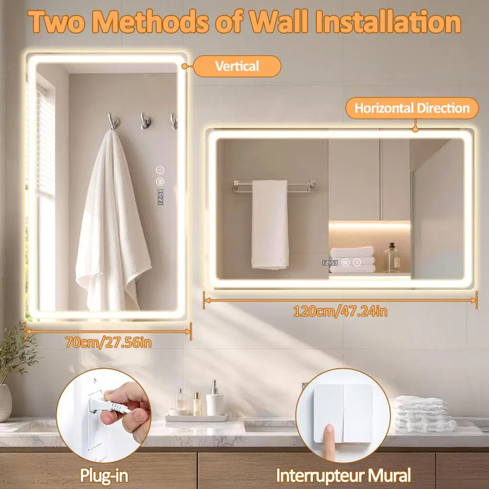 Rectangular Mirror Wall-mounted Led Bathroom Mirror With Anti-fog Touch Control Time Display 3-color Dimmable Vanity Mirror