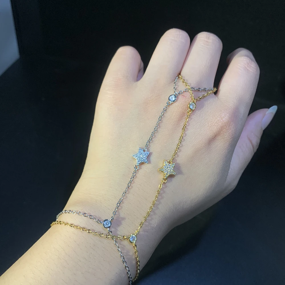 New Elegant Five-pointed Star Pendant Link Chain Ring Bracelets for Women Paved Cubic Zircon Gold Platinum Color Fashion Jewelry