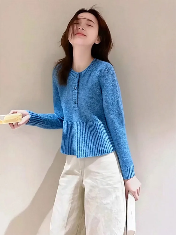 

Korean Sle Long Sve Knitted Sweater Women's Spring Design f Open Collar Lace Hem Base Layer irt Faion Anti-aging