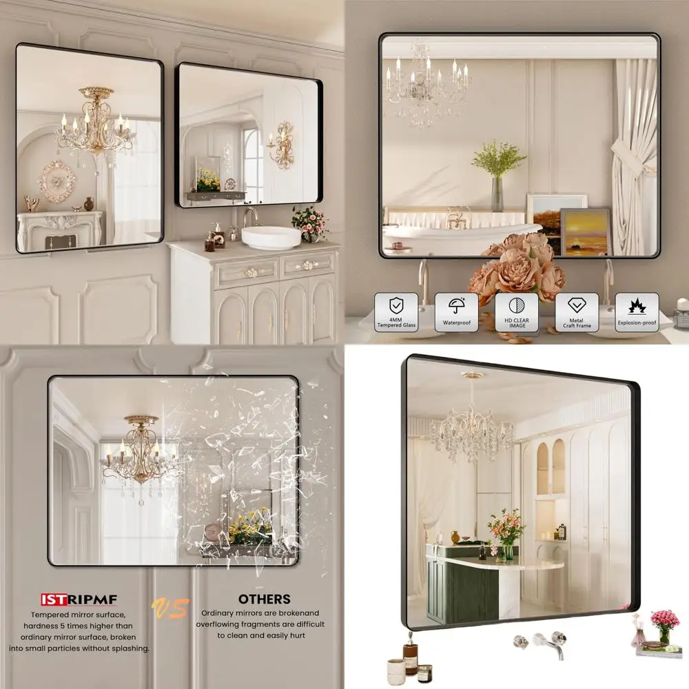 Afgeronde rechthoekige make-upspiegel met zwart metalen frame, 40x38, gehard glas, boerderijstijl, roestbestendig, hangt horizontaal of