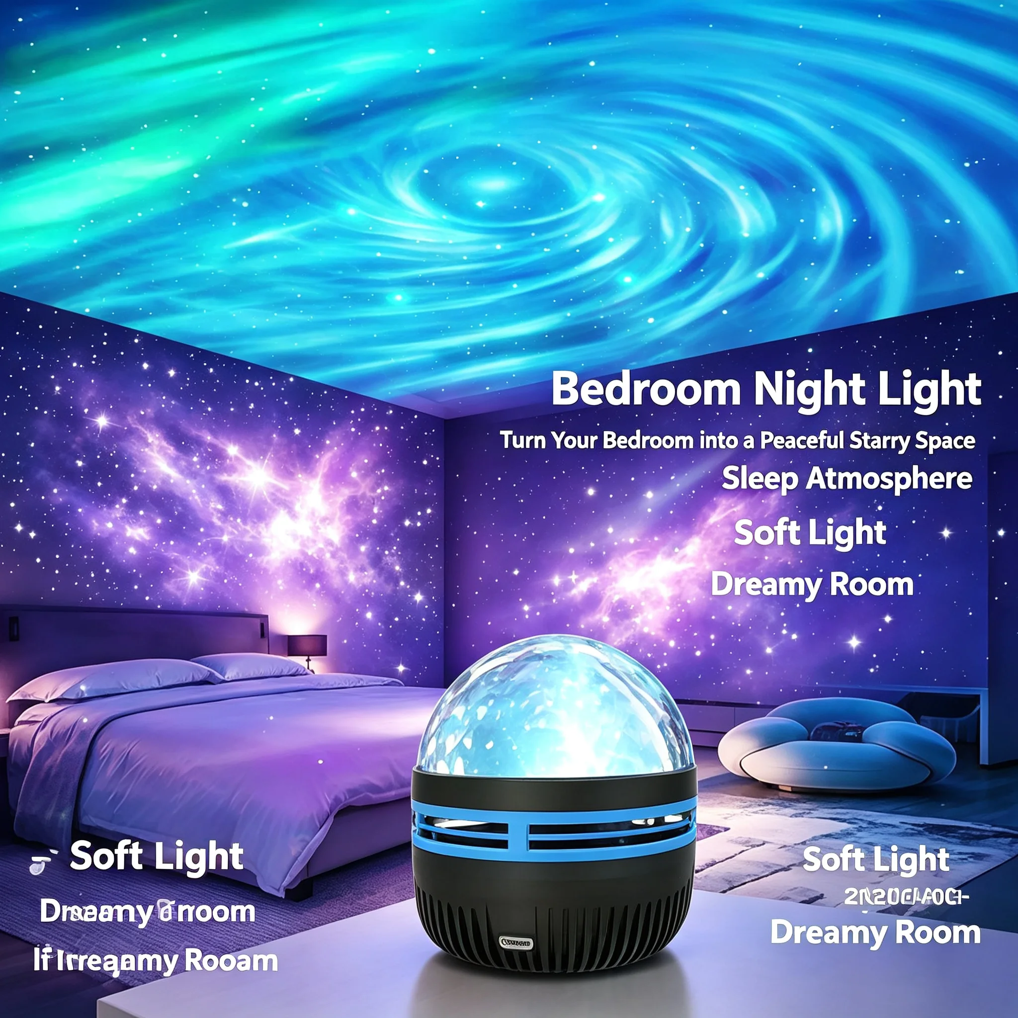 Aurora Star Projector Light, 360° Rotating Ocean Wave Nebula Projection Lamp, USB Powered RGB Color Changing Night Light for Bed