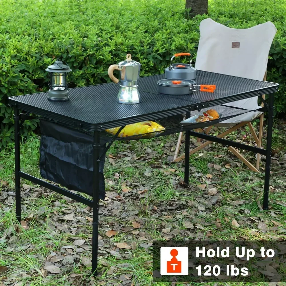 Folding Grill Table, 3x2 FT Portable Camping Table with 2 Wing Panels, Height Adjustable Metal Table with Mesh Desktop and Mesh