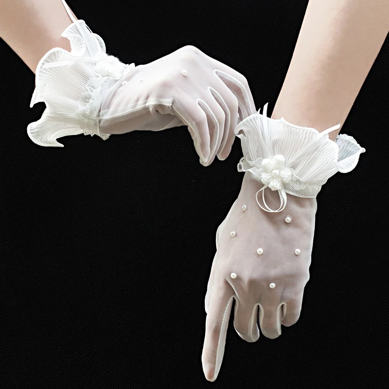 

Women Bridal Short White Lace Gloves Pearls Ruffle Edge Sunscreen Anti-UV Women Ladies Bride Bridesmaid Finger Wrist Mittens