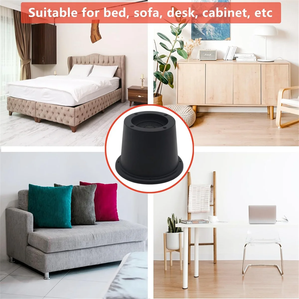 Paquete de elevadores de muebles, elevadores de cama negros de 2,3 pulgadas, elevadores de cama para sofá, sofá, escritorio, extensores soporta hasta 1.300 libras