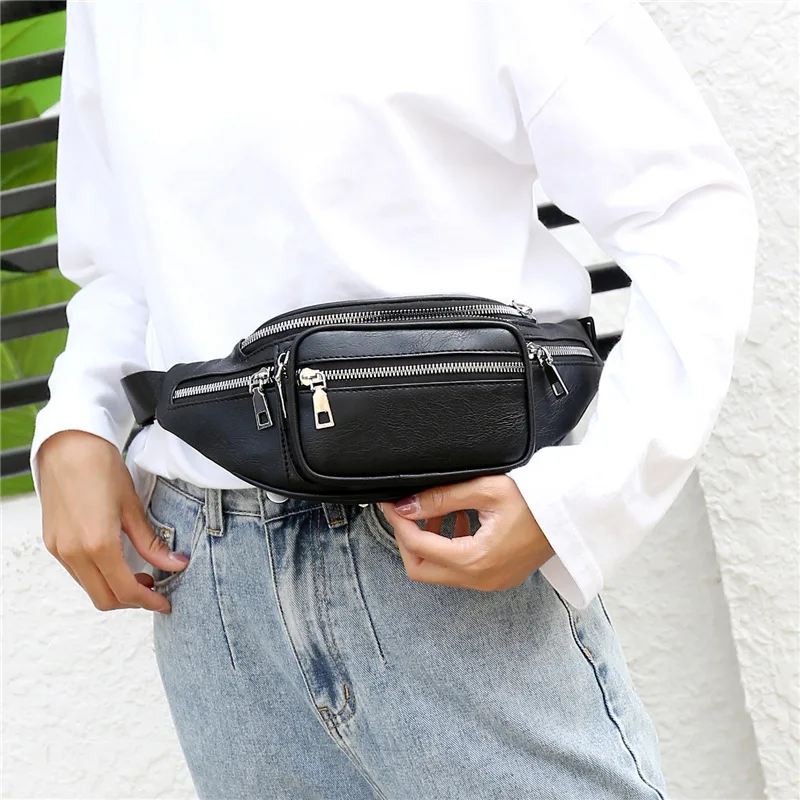 Solid PU leather handbag Women chest Pack Punk Bag Women's Belt Waist Bag Women Waist Pack cell phone Bags