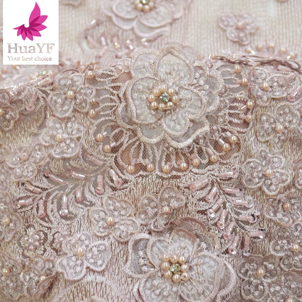 

1 Yard New 3D Embroidered Pink Bridal Pearl Lace Mesh Long Glass Beads Continental Dress Fabric HY1708