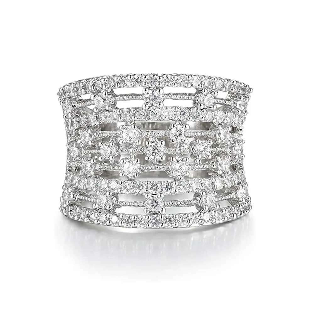 

Hyperbole Wide Rings with Crystal Cubic Zirconia Fashion Luxury Women's Wedding Rings Silver Color High Quality Jewelry
