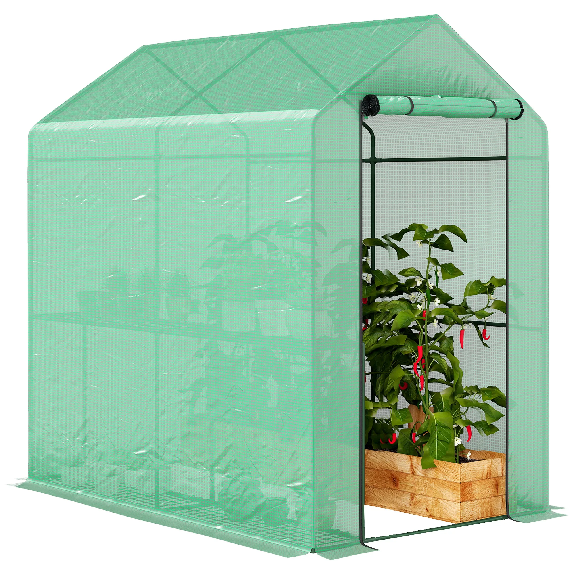 Outsunny PE tuinkas met plank 2 niveaus, balkonkas, versterkt zeil 140g/m², stalen frame, deur met ritssluiting, voor planten bloemen groenten, 186x190 x cm, Groen