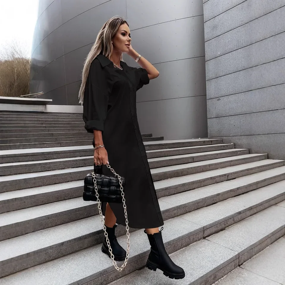 

Elegant Dress Fashion Lapel Long Sleeve Single Breasted Extra-long Shirt Loose Casual Solid Side Split Long Dresses