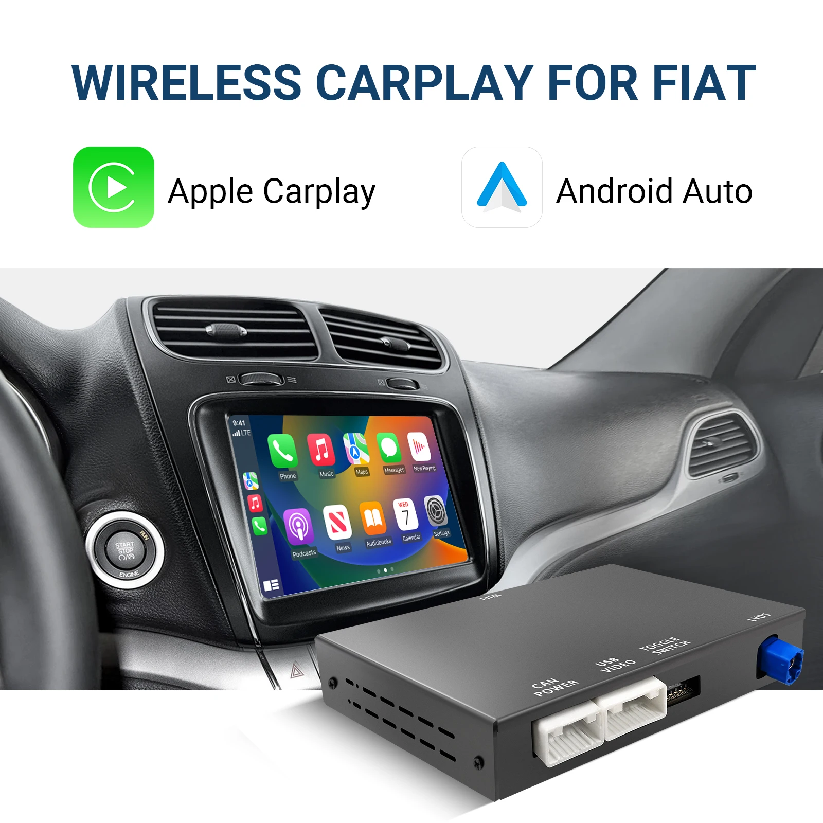 OEM-Bildschirm-Upgrade-Decoder-Box-Schnittstelle, kabelloses CarPlay und Android Auto Retrofit Kit Decoder-Box für Fiat Freemont 2013–2018